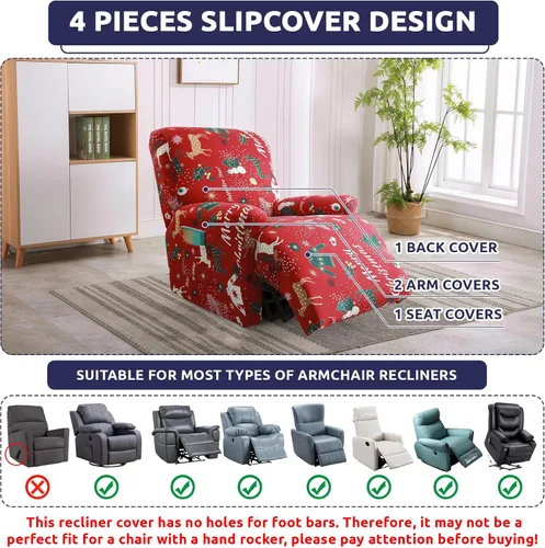 Miniatura 5 de Iauddy Funda para sillón reclinable, elástica, suave, antideslizante, para silla reclinable, 4 piezas, protector de muebles para sillón reclinable