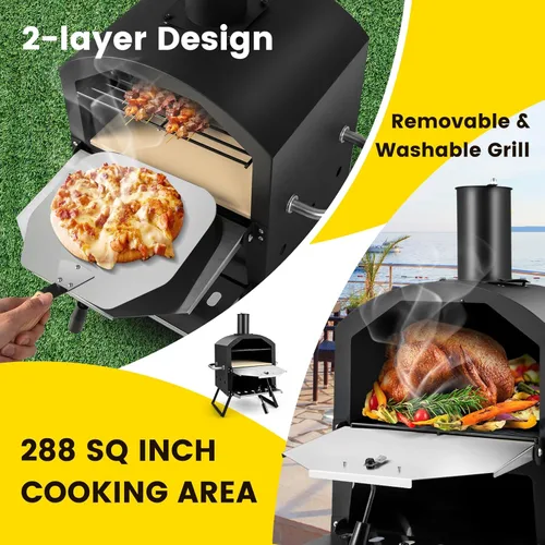 Miniatura 3 de Giantex Horno de Pizza al Aire Libre de Leña, Fabricante de Pizza de 2 Capas con Piedra para Pizza de 12 Pulgadas, Pala para Pizza, Rejilla