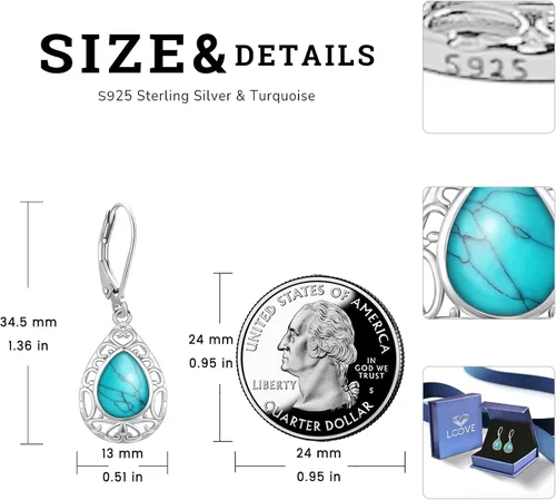 Miniatura 230 de Aretes colgantes de plata de ley con diseño de árbol de la vida, flor, abeja, animales, gato, colibrí, piedra lunar, turquesa, aretes con cierre