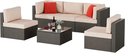 Miniatura 7 de Shintenchi Juego de muebles de patio de 6 piezas para exteriores para todo tipo de clima, juego de sofá seccional de ratán de polietileno, juego