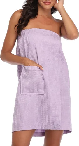 Miniatura 7 de sunshinemall Bata de baño ligera para mujer, bata de baño de punto gofre, bata de baño de secado rápido con cierre ajustable
