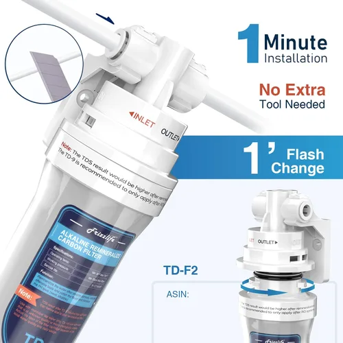 Miniatura 5 de Frizzlife Filtro de agua alcalino TD-9 para debajo del fregadero, filtro de poste de giro rápido para sistema de ósmosis inversa RO, reduce
