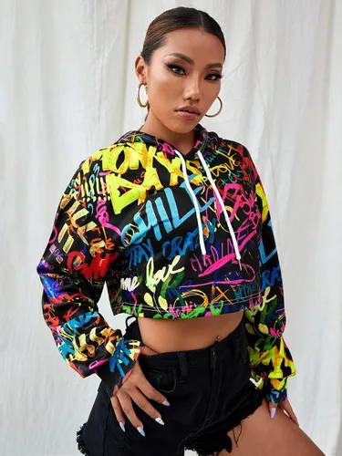 Miniatura 4 de OYOANGLE Sudadera corta con capucha para mujer, manga larga, estampado de grafiti, sudadera con capucha