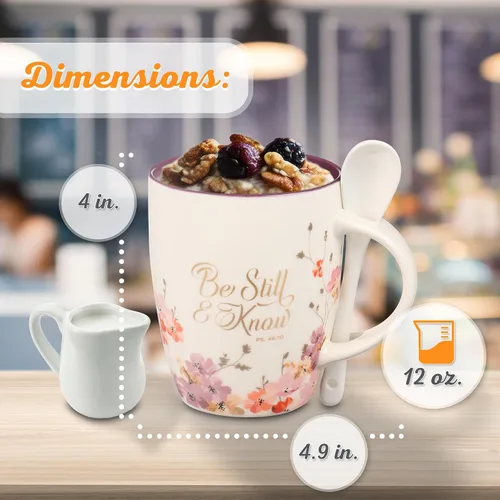 Miniatura 3 de Taza de café y té con escritura de Christian Art Gifts con juego de cucharas de cerámica para mujeres: Be Still and Know - Salmo 46:10 Mensaje