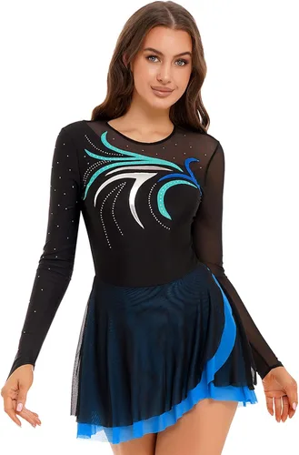 Miniatura 3 de FEESHOW Vestidos líricos de patinaje artístico para mujer, leotardos de baile de diamantes de imitación, uniformes de baile de ballet mayorette