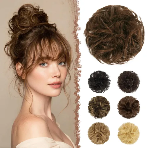 Miniatura 12 de FESHFEN Moños Desordenados Humanos - Moño de Cabello Humano 100% Real Coleteros Scrunchies Piezas de Cabello Extensiones de Cola de Cabello Ondulado