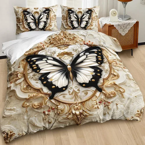Miniatura 2 de AILONEN Juego de ropa de cama de mariposas en blanco y negro tamaño King, juego de funda de edredón con estampado de estilo en relieve de lujo