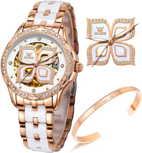 OLEVS Relojes automáticos para mujer, diseño de esqueleto de diamantes de oro rosa, luminoso, elegante, colorido, mariposa, acero inoxidable, correa