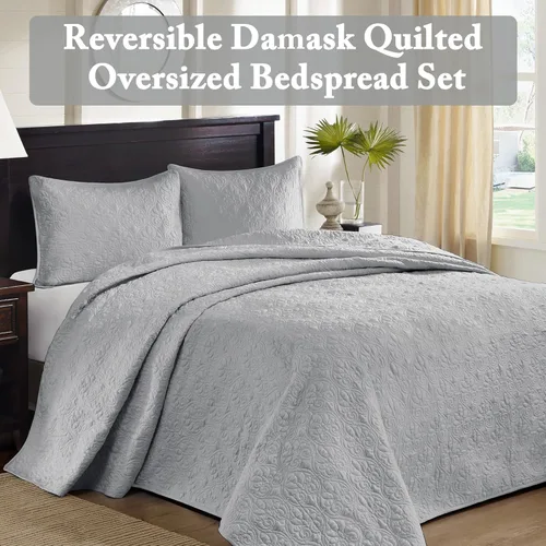 Miniatura 2 de Madison Park Quebec - Juego de ropa de cama tamaño King, color gris, damasco, colcha de 3 piezas, colcha acolchada de microfibra ultra suave