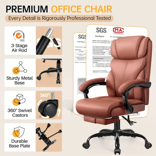 Miniatura 3 de HeroSet Silla de oficina grande y alta con reposapiés, silla ergonómica reclinable de cuero ejecutiva de 400 libras, soporte lumbar, sillas de Café