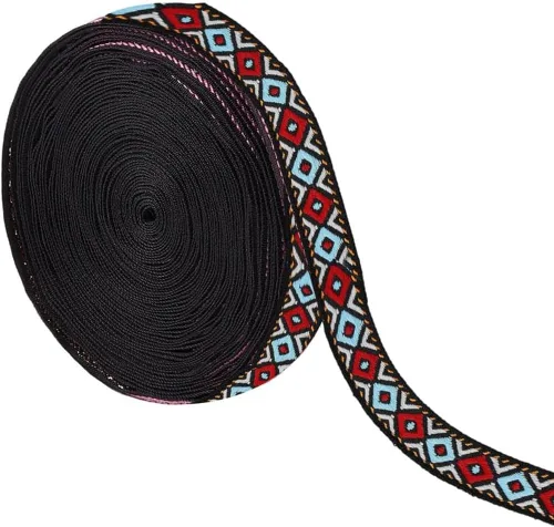 GORGECRAFT Cinta de jacquard étnico de 10.94 yardas, cinta bordada de 3/4 pulgadas de ancho rojo azul geométrico rombo tejido flecos o bricolaje