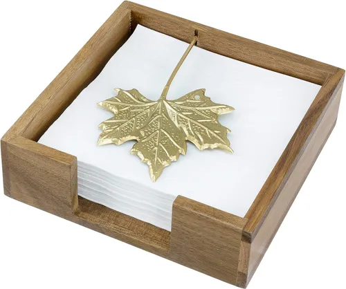 MyGift Servilletero de mesa de madera de acacia de alta calidad, dispensador de servilletas cuadrado rústico con brazo decorativo de hoja de arce