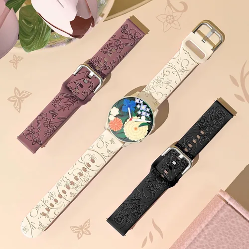 Miniatura 2 de Paquete de 3 correas grabadas con flores compatibles con Samsung Galaxy Watch 7 6 5 4 FE Active 2 1.575 in 1.732 in, Watch 6 4 Classic 1.654 in