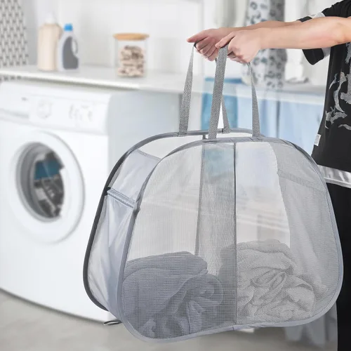 Miniatura 3 de Cesto de malla desplegable para ropa sucia, 2 compartimentos, cesta clasificadora plegable para ropa, dormitorio universitario, viajes (gris)