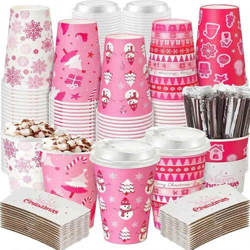 Ziliny 100 juegos de tazas de papel de Navidad con manga y tapa con pajita, tazas de chocolate caliente y cacao para fiestas de Navidad, suministros
