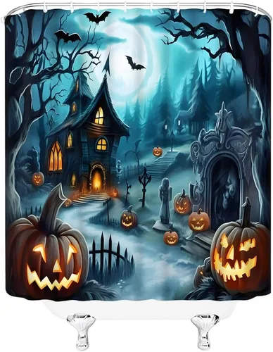 Miniatura 4 de Cortina de ducha de Halloween, noche aterradora, luna, gótica, casa encantada, calabaza, murciélago, bosque, patio, cortinas de decoración de baño