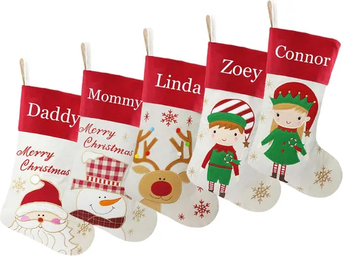 Miniatura 48 de Juego de 3, medias de Navidad personalizadas de 18 pulgadas con tecnología de bordado, diseños de Papá Noel, muñeco de nieve y renos para decoración