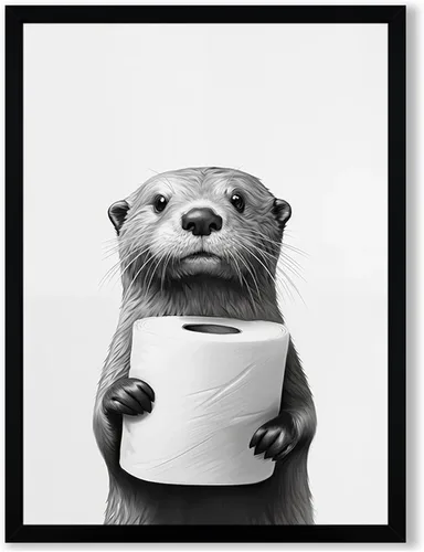 Miniatura 27 de Lienzo enmarcado en blanco y negro para el baño, divertida decoración de baño de animales, linda nutria sosteniendo un rollo de papel higiénico