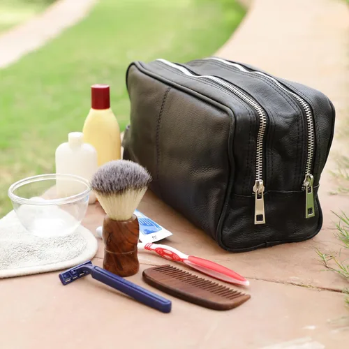 Miniatura 7 de Estuche hecho a mano de piel de búfalo auténtico. Neceser para juego de rasurar y cuidado personal para viaje ~ Regalo para hombres y mujeres., Negro