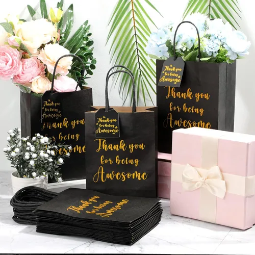 Miniatura 6 de Fulmoon 48 bolsas pequeñas de regalo de agradecimiento con asas de 8.27 x 3.15 x 5.9 pulgadas, bolsas de papel kraft con 50 etiquetas