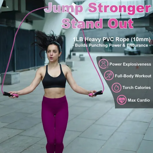 Miniatura 2 de Weighted Jump Rope, 1LB Tangle-Free Ball Bearing Rapid Speed Skipping Rope for Men Women, Adjustable 9mm Cotton & PVC Rope with Alum Handle for Rosa