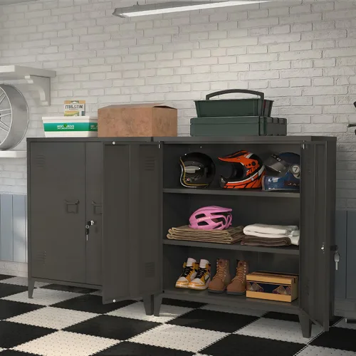 Miniatura 8 de Gabinete de almacenamiento de metal 35.4 "H Armario de almacenamiento con bloqueo Con 2 estantes y puertas ajustables, pequeño armario