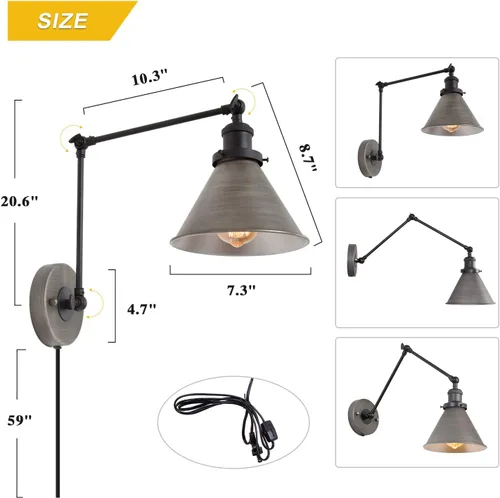 Miniatura 5 de LNC Lámpara de pared con brazo oscilante, moderna lámpara de pared enchufable, ajustable, estilo granja, plata envejecida cepillada (paquete de 2)