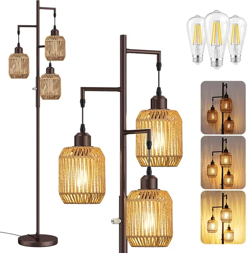 Miniatura 9 de ROTTOGOON Lámpara de Pie Bohemia Regulable - Lámpara de Pie de Ratán de Granja de 3 Luces para Sala de Estar, Lámparas de Pie Industriales tipo