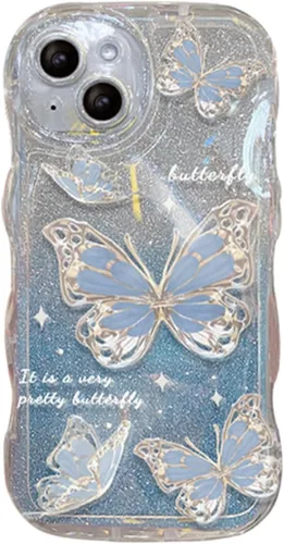 Funda compatible con iPhone 11 para mujeres y niñas, bonita funda de mariposa con purpurina, antiarañazos, a prueba de golpes, color azul