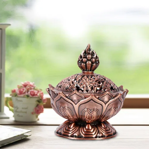 Miniatura 5 de Walfront Soporte de cono de incienso de metal Lotus Bowl Aleación de zinc (rojo-bronce), suministros de adorno de escritorio