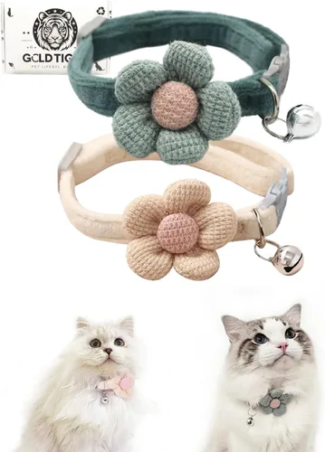 Miniatura 13 de Collar de gato Breakaway con material de felpa suave y flor tejida a mano, collar de seguridad ajustable para piel sensible, collar decorativo
