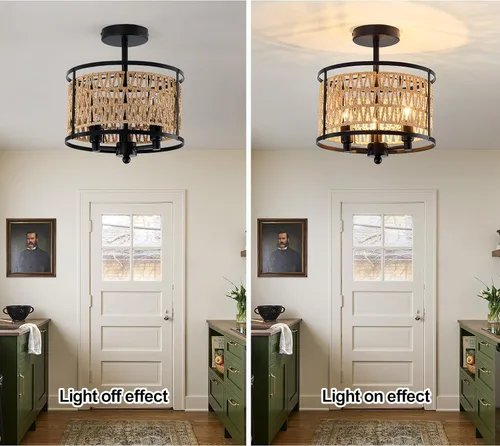 Miniatura 4 de Lámpara de techo de ratán de 3 luces, de 11 pulgadas, estilo bohemio, semiempotrada, lámpara de techo negra tejida a mano para casa de campo