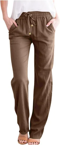 Miniatura 2 de HRSTUYL Pantalones de algodón para mujer, de algodón, con cordón elástico, cintura elástica, pantalones rectos largos y rectos para mujer