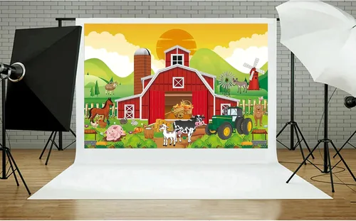 Miniatura 4 de Telón de fondo rojo de granero para niños, decoración de fiesta de cumpleaños, dibujos animados de animales de granja, granero, fondo de fotografía