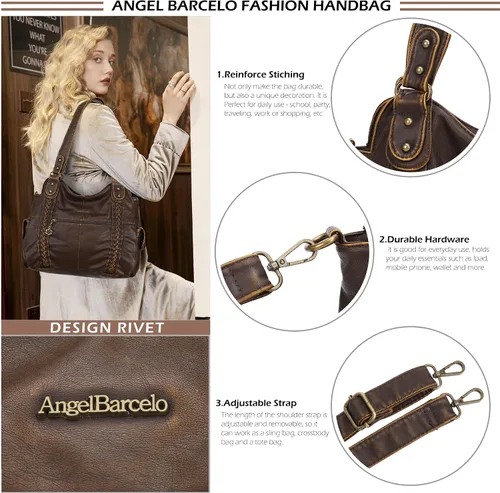 Miniatura 97 de Angel Barcelo - Bolsa de hombro amplia para mujer, diseño Hobo, cuero lavado