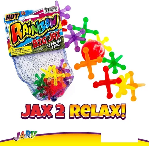 Miniatura 3 de JA-RU Juego Big Rainbow Jacks con pelota hinchable (1 juego, 10 piezas Jax) juegos de mesa vintage, juguetes clásicos para niños. Recuerdo