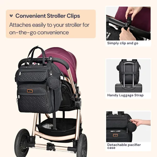 Miniatura 6 de BabbleRoo - Mochila para pañales, bolsa multifuncional para cambiar pañales con cambiador, correas para cochecito y funda para chupón, unisex, Negro