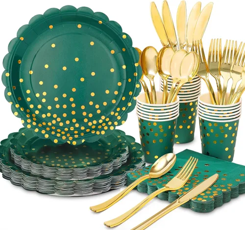 175 piezas de decoración de fiesta verde y dorada - Suministros de fiesta con platos y servilletas verdes - Platos de papel festoneados para