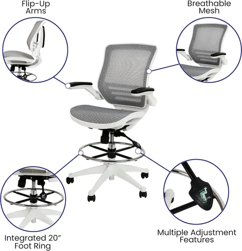 Miniatura 4 de Flash Furniture Waylon - Silla de oficina giratoria de respaldo medio con anillo de pie ajustable y altura del asiento, silla ergonómica de malla