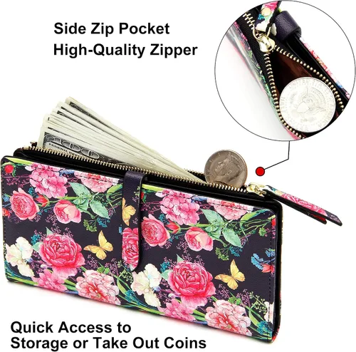 Miniatura 4 de YOUBDM Billeteras delgadas para mujer, tarjetero RFID plegable con bolsillo con cremallera, Rosa