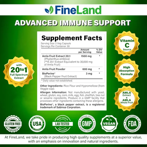 Miniatura 3 de FineLand Amla (grosella espinosa india) Extracto de espectro completo con BioPerine® para absorción, rico en vitamina C natural, apoyo inmunológico