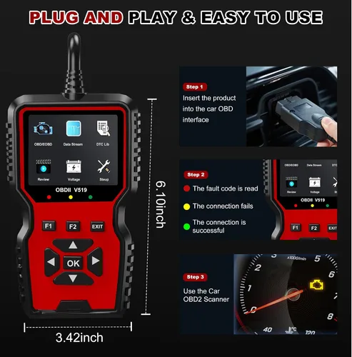 Miniatura 5 de V519 OBD2 Herramienta de diagnóstico escáner – Vechicle Check Motor Lector de código de luz con probador de voltaje de batería, preparación I/M, Rojo