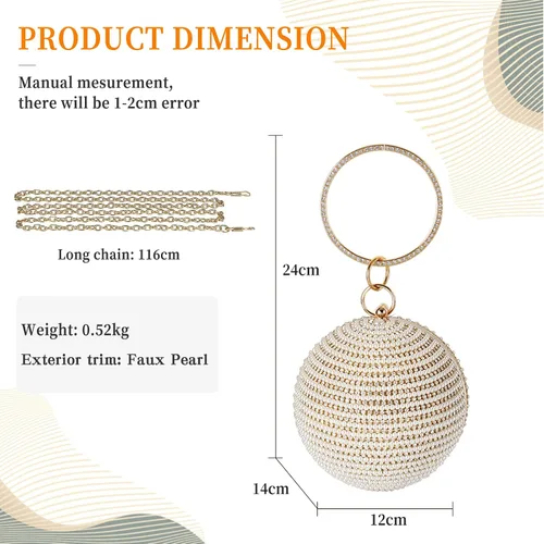 Miniatura 3 de Bolso de noche para mujer, bolso de mano redondo con cuentas de perlas, bolso de mano con diamantes de imitación