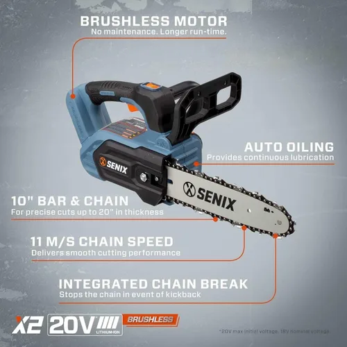 Miniatura 7 de SENIX Motosierra inalámbrica, motosierra de batería de 20 V y 10 pulgadas, motosierra sin escobillas, incluye batería de 2.5 Ah y cargador