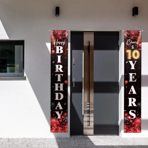 Miniatura 3 de Letrero de feliz cumpleaños número 10 para puerta, color rojo y negro, decoración temática de fiesta de cumpleaños con purpurina para niños y niñas