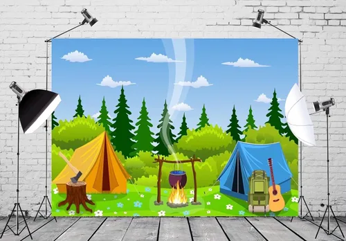 Miniatura 2 de BELECO Telón de fondo de campamento de 5 x 3 pies, tela de dibujos animados, escena del bosque, fogata, tienda de campaña, tienda de campaña