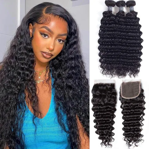 Miniatura 14 de Amella Hair Paquetes de Cabello Humano Brasileño Rizado con Cierre Grado 8A Virgen Sin Procesar Paquetes de Tejido de Cabello Brasileño con Cierre