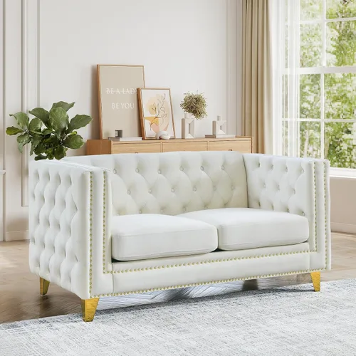 Miniatura 12 de JEEOHEY Juego de Sofás Chesterfield de 2, Sofá Moderno de Terciopelo con Capitoné y Ribete de Tachuelas, Sofá Tapizado de Asiento Profundo, Sofá