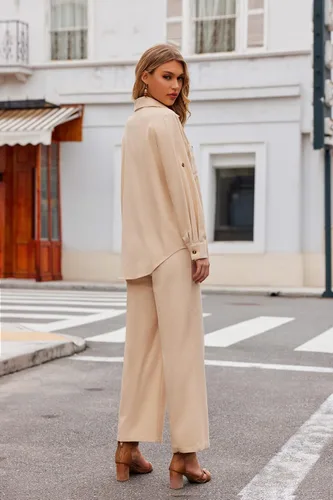 Miniatura 6 de Zeagoo Conjunto de 2 piezas de lino para mujer, camisa con botones y pantalones largos con cordón, conjuntos de verano