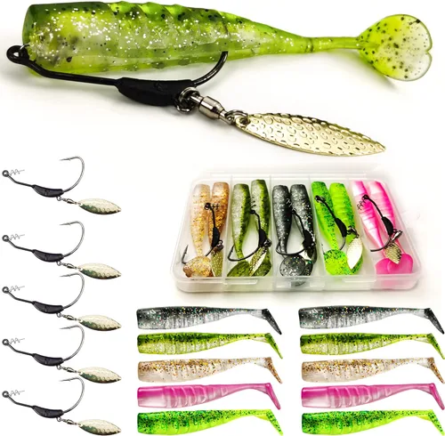 Miniatura 12 de Señuelos de pesca suaves, cebos de sábalo y pececillo, señuelos de cola de paleta con cabeza de plantilla premontada para lubina, trucha